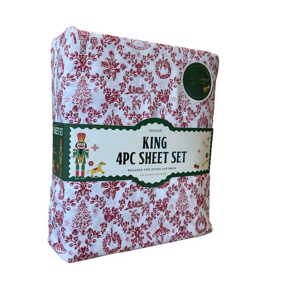 Envogue KING 4pc Sheet Set Nutcracker Toile Christmas Bedding Red & White New - Picture 2 of 11